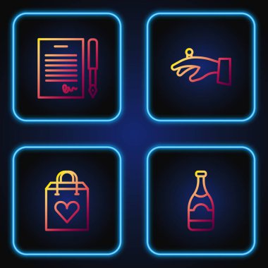 Sıra halinde şampanya şişesi, kalbi olan alışveriş torbası, evlilik sözleşmesi ve alyans eli. Renk simgeleri. Vektör.