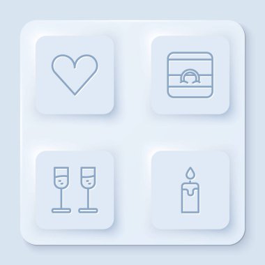 Set hattı Heart, alyanslar, bir kadeh şampanya ve yanan mum. Beyaz kare düğme. Vektör.