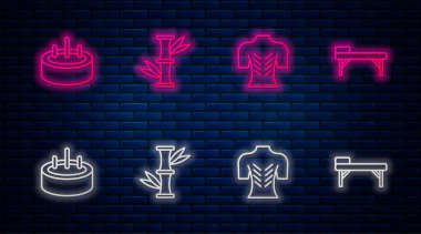 Çizgi Bambu, Masaj, merdiven ve masa ile yüzme havuzu. Tuğla duvarda parlayan neon simgesi. Vektör.