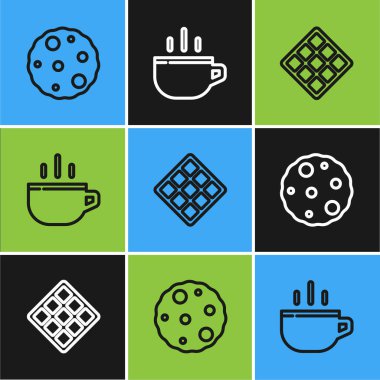 Sıra Cookie ya da bisküvi, waffle ve kahve bardağı ikonu. Vektör.