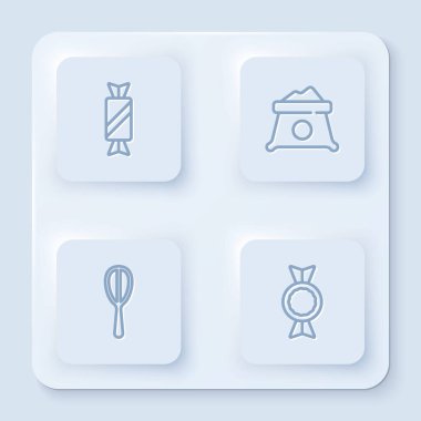 Sıra Candy, un torbası, mutfak çırpıcısı ve... Beyaz kare düğme. Vektör.