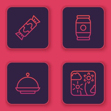 Set hattı Candy, tepsiyle kaplı Noel, bira kutusu ve havai fişek roketi. Mavi kare düğme. Vektör.