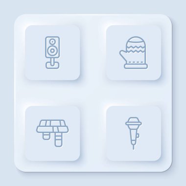 Stereo hoparlör, Noel eldiveni, eşarp ve mikrofon ayarla. Beyaz kare düğme. Vektör.