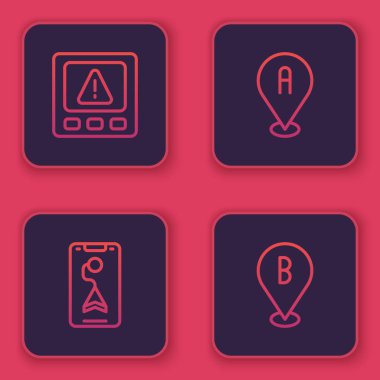 Satır GPS aygıtı hatası, şehir haritası navigasyonu, konum ve ayarlayın. Mavi kare düğme. Vektör.