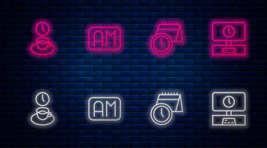 Sabah programı, takvim ve saat, kahve ve akıllı televizyon. Tuğla duvarda parlayan neon simgesi. Vektör.