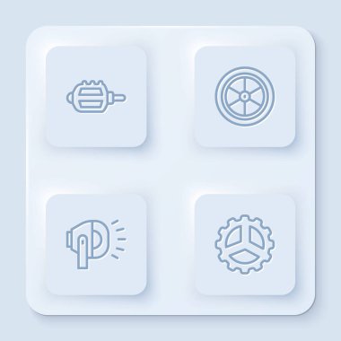 Çizgiyi ayarla bisiklet pedalı, tekerlek, kafa lambası ve sproket kolu. Beyaz kare düğme. Vektör.
