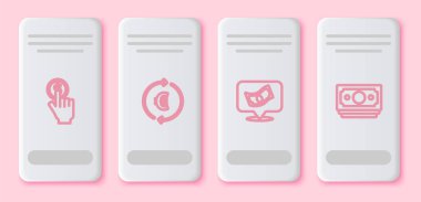 Hat El 'in elinde bozuk para, Euro sembollü bozuk para, kağıt para yığını ve... Beyaz dikdörtgen düğme. Vektör.