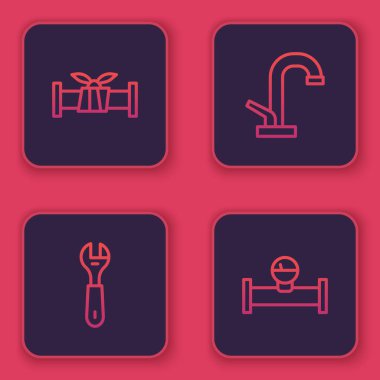 Hat hattı metalik boru, İngiliz anahtarı, su musluğu ve manometre. Mavi kare düğme. Vektör.