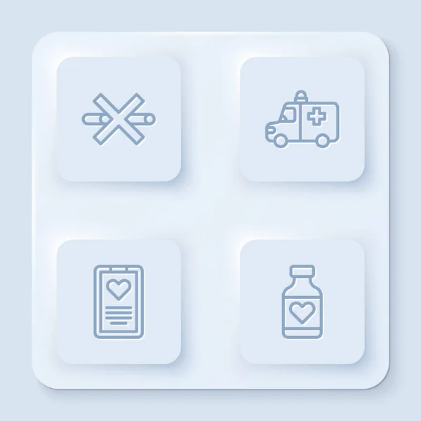 设置禁烟热线 救护车和急救车 医疗剪贴板和维生素丸 白色正方形按钮 — 图库矢量图片
