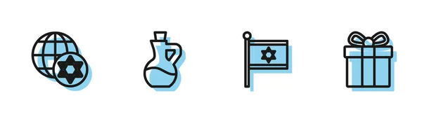 Встановити Лінію Прапор Ізраїлю Всесвітній Глобус Пляшкову Оливкову Олію Ікону — стоковий вектор