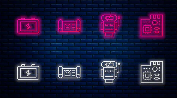 ラインを設定ロボットの青写真 低バッテリ充電 バッテリおよびマザーボードのデジタルチップ レンガの壁にネオンアイコンを輝く ベクトル — ストックベクタ