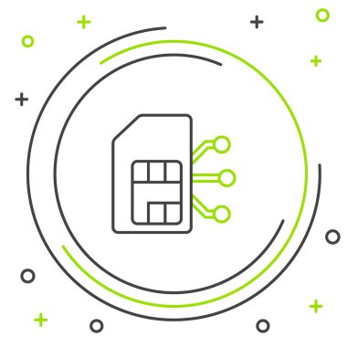 Beyaz arkaplanda Sim kart simgesi izole edildi. Cep telefonu sim kart çipi. Mobil telekomünikasyon teknolojisi sembolü. Renkli taslak konsepti. Vektör.