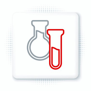 Beyaz arkaplanda çizgi test tüpü ve matara simgesi izole edildi. Kimyasal laboratuvar testi. Laboratuvar camları. Renkli taslak konsepti. Vektör.
