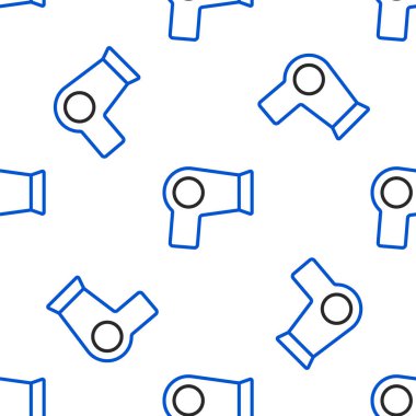 Çizgi saç kurutma ikonu beyaz arkaplanda kusursuz desen izole etti. Saç kurutma makinesi tabelası. Saç kurutma sembolü. Sıcak hava üflüyor. Renkli taslak konsepti. Vektör.