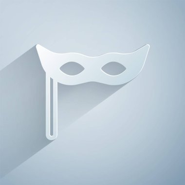 Kağıt kesiği Gri arkaplanda izole edilmiş Festive maske simgesi. Mutlu Noeller ve mutlu yıllar. Kağıt sanatı tarzı. Vektör.