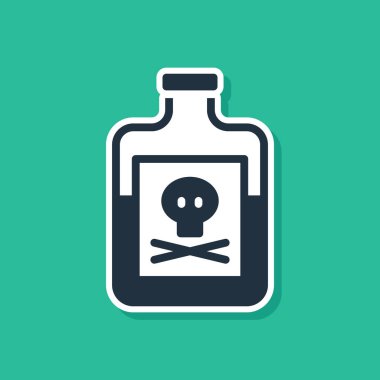 Yeşil arka planda izole edilmiş şişe simgesindeki mavi zehir. Bir şişe zehir ya da zehirli kimyasal toksin. Vektör.