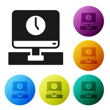 Siyah Bilgisayar zaman simgesi beyaz arkaplanda izole edildi. Elektronik cihaz. Ön manzara. Simgeleri renk daire düğmelerine ayarla. Vektör.