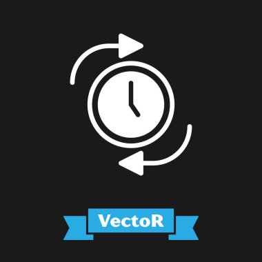 Siyah arkaplanda ok simgesi olan beyaz saat. Zaman sembolü. Saat yönünde döndürme simgesi ok ve zaman. Vektör.