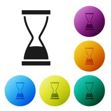 Beyaz arka planda siyah kum ikonu olan eski kum saati. Kum saati işareti. İş ve zaman yönetimi kavramı. Simgeleri renk daire düğmelerine ayarla. Vektör.