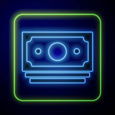 Parlayan neon yığınları kağıt para para ikonu mavi arka planda izole. Para desteleri. Para birimi. Vektör.