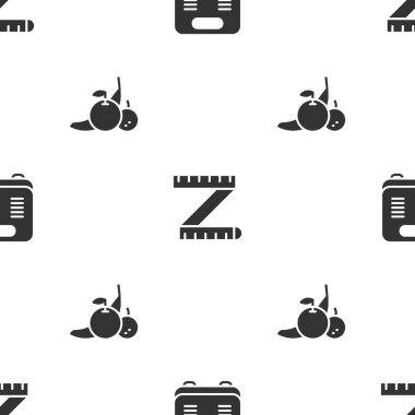 Banyo terazilerini, mezurayı ve meyveleri pürüzsüz desene göre ayarla. Vektör.