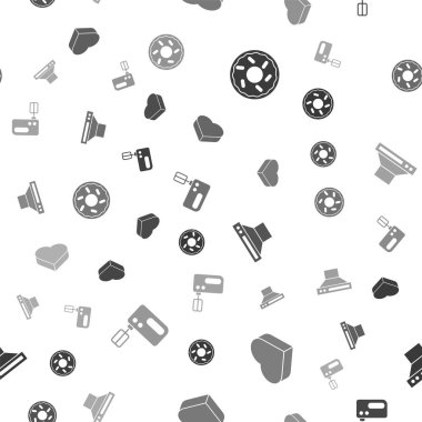 Donut 'ı, Candy' yi kalp şeklinde bir kutuya, mutfak vantilatörüne ve elektirik karıştırıcısına kusursuz bir düzende ayarla. Vektör.