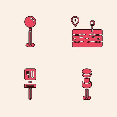 Zımba iğnesi, bozuk yol ve trafik işareti simgesi. Vektör.