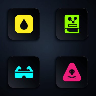 Üçgen uyarı zehrini, su damlasını, güvenlik gözlüklerini ve kimya kitabını ayarla. Siyah kare düğme. Vektör.