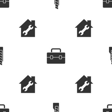 Kırtasiye bıçağı, alet çantası ve ev onarımını kusursuz desene ayarlayın. Vektör.