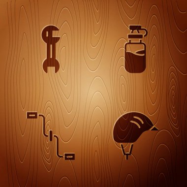 Bisiklet kaskı, İngiliz anahtarı, pedallar ve ahşap zemin üzerinde su olan spor şişesini ayarlayın. Vektör.