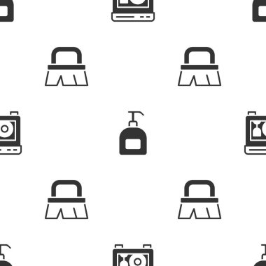 Bulaşık makinesini, bir şişe sıvı sabun ve fırçayı kusursuz bir şekilde temizlemek için ayarla. Vektör.