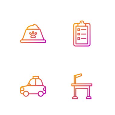 Hayvan bakım masası, taksi, yemek kasesi ve kuaför salonu fiyat listesi. Renk simgeleri. Vektör.