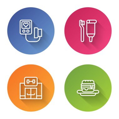 Kan basıncını, diş fırçasını, diş macununu, jimnastik salonunu ve ıvır zıvırı ayarla. Renkli daire düğmesi. Vektör.