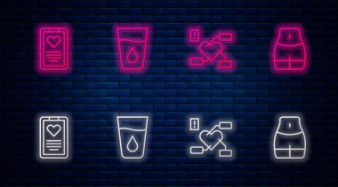 Camları suyla, dikkatleri sağlık kalbine, sağlık panosuna ve kadın beline çevirin. Tuğla duvarda parlayan neon simgesi. Vektör.