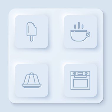 Dondurma, kahve fincanı, puding ve fırın. Beyaz kare düğme. Vektör.