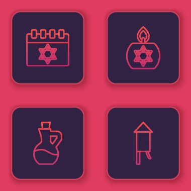 Yahudi takvimi, bir şişe zeytinyağı, yanan mum ve havai fişek. Mavi kare düğme. Vektör.