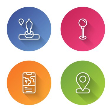 Çizgi konumu, anıt, pim, şehir haritası navigasyonu ve... Renkli daire düğmesi. Vektör.