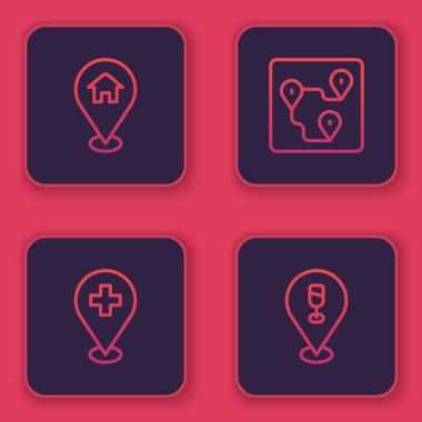 Evi, tıbbi konumu, güzergahı ve alkolü veya bira barını olan bir hat belirleyin. Mavi kare düğme. Vektör.