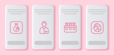 Çizgi çizgisi çatlak matara, laboratuvar asistanı, test tüpü ve tuz taşı. Beyaz dikdörtgen düğme. Vektör.