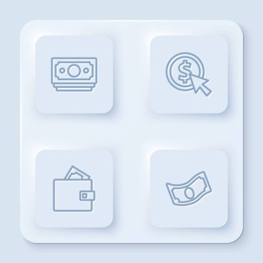 Hat Stacks kağıt para, madeni para dolar, cüzdan ve para. Beyaz kare düğme. Vektör.