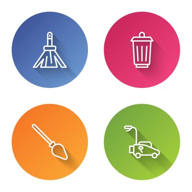 Hat süpürgesi, çöp kutusu ve çim biçme makinesi ayarla. Renkli daire düğmesi. Vektör.