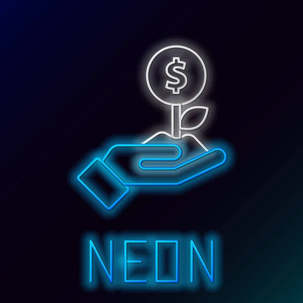 Glödande Neon Linje Dollar Växt Ikon Isolerad Svart Bakgrund Tillväxtkoncept — Stock vektor