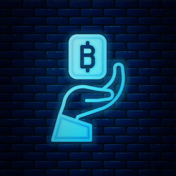 Glödande Neon Hand Håller Bitcoin Ikonen Isolerad Tegel Vägg Bakgrund — Stock vektor