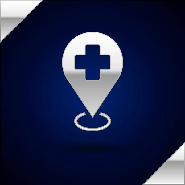 Silver Medical Map Pointer Cross Hospital Icon Isolated Dark Blue — Stock Vector