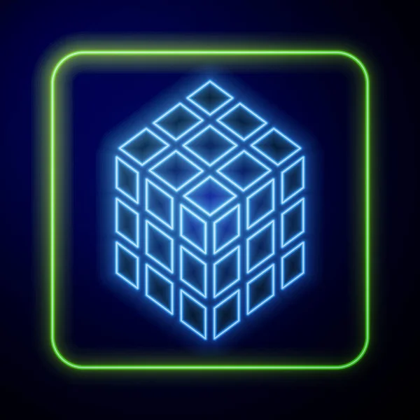 Φωτεινό Εικονίδιο Κύβου Νέον Rubik Που Απομονώνεται Μπλε Φόντο Μηχανικό — Διανυσματικό Αρχείο