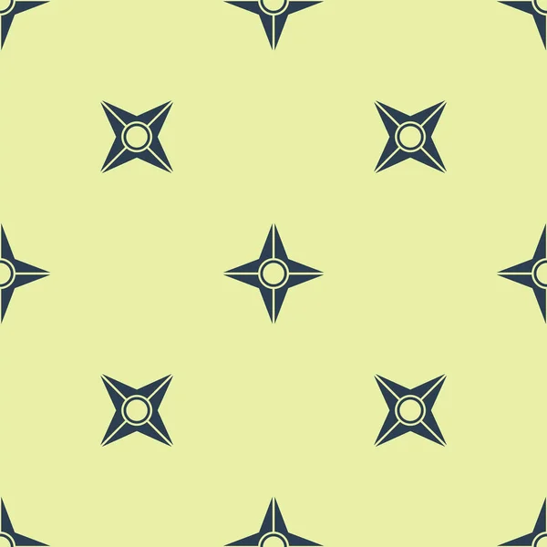 Blue Japanese Ninja Shuriken Icon Isolated Seamless Pattern Yellow Background — Stock Vector