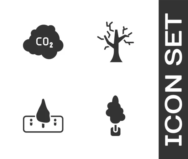 Nastavit Strom Emise Co2 Cloudu Odlesňování Vyschlé Stromy Ikony Vektor — Stockový vektor