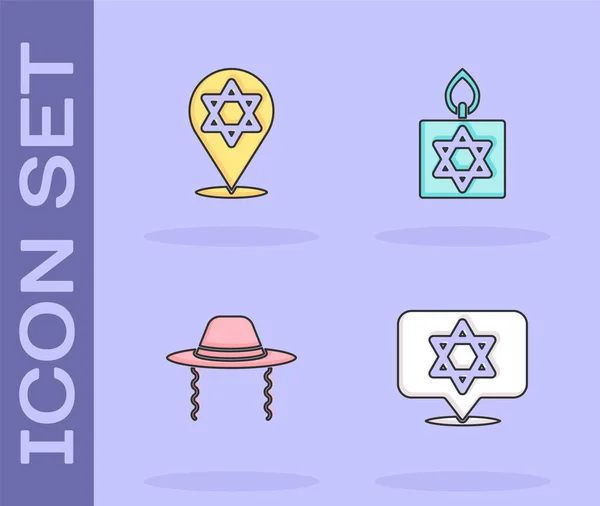 Set Star David Orthodox Jewish Hat Burning Candle Icon Vector — Stock Vector
