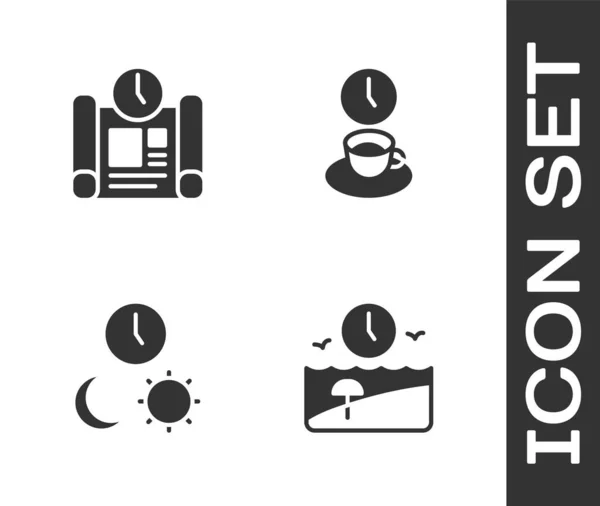 Stel Vakantie Tijd Project Plan Dag Nacht Met Koffie Pictogram — Stockvector