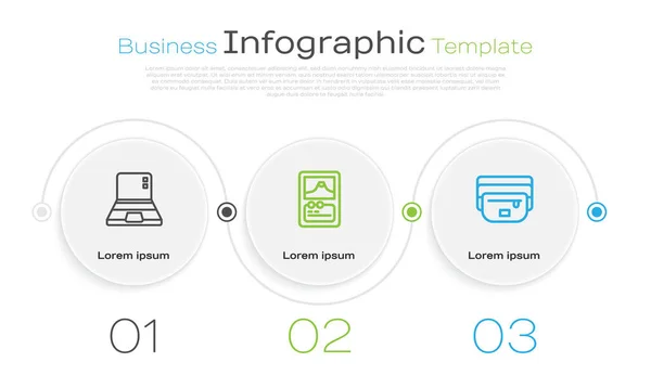 Set Línea Laptop Juego Cartas Cintura Bolsa Plátano Plantilla Infografía — Vector de stock